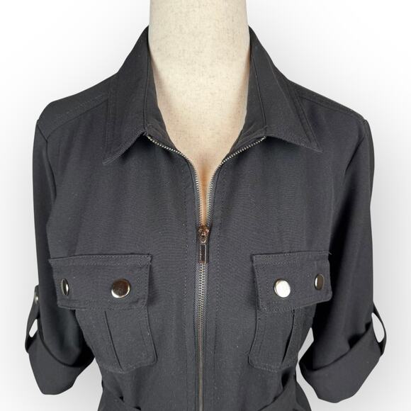 Sharagano Black Front Zip Dress with Cinch Waist Belt Cuffed Sleeves Size 4 - Picture 6 of 13